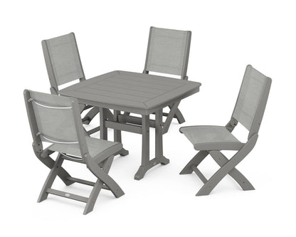 POLYWOOD® Coastal Folding Side Chair 5-Piece Dining Set with Trestle Legs in Slate Grey / Metallic Sling