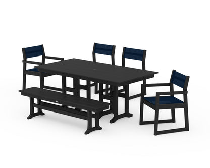 POLYWOOD® EDGE Sling 6-Piece Farmhouse Dining Set in Black / Navy Blue Sling