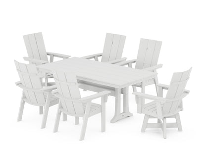 POLYWOOD® Modern Curveback Adirondack Swivel Chair 7-Piece Farmhouse Dining Set With Trestle Legs in White
