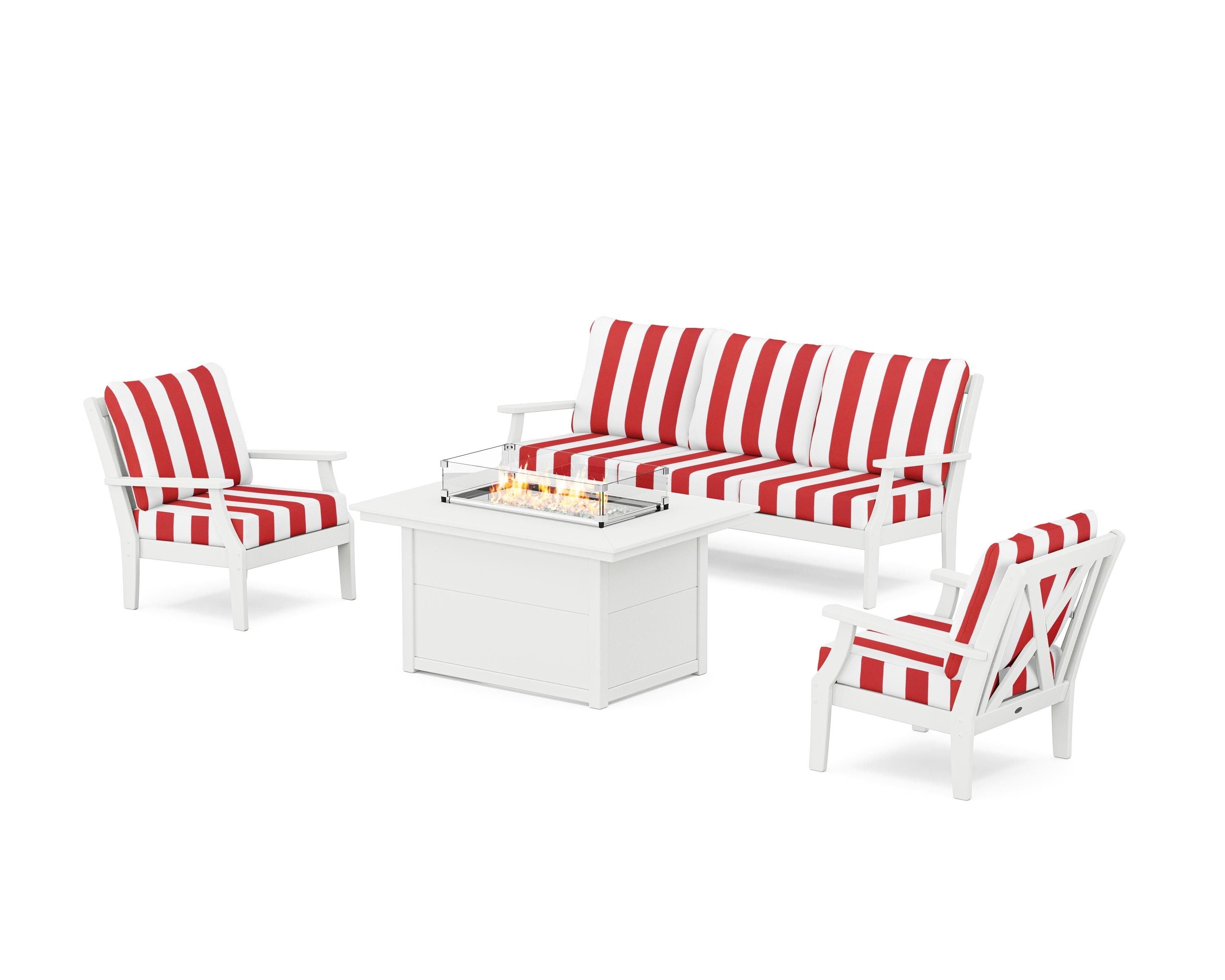 POLYWOOD® Braxton Deep Seating Fire Pit Table Set in White / Cabana Stripe Crimson