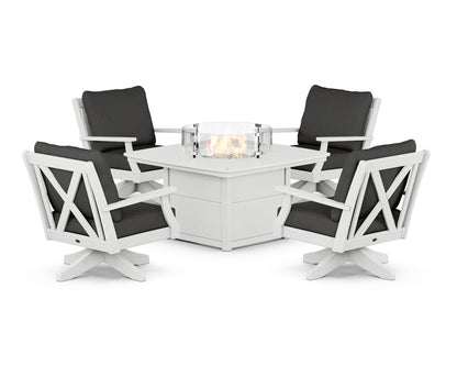 POLYWOOD® Braxton 5-Piece Deep Seating Swivel Conversation Set with Fire Pit Table in Vintage White / Spectrum Carbon