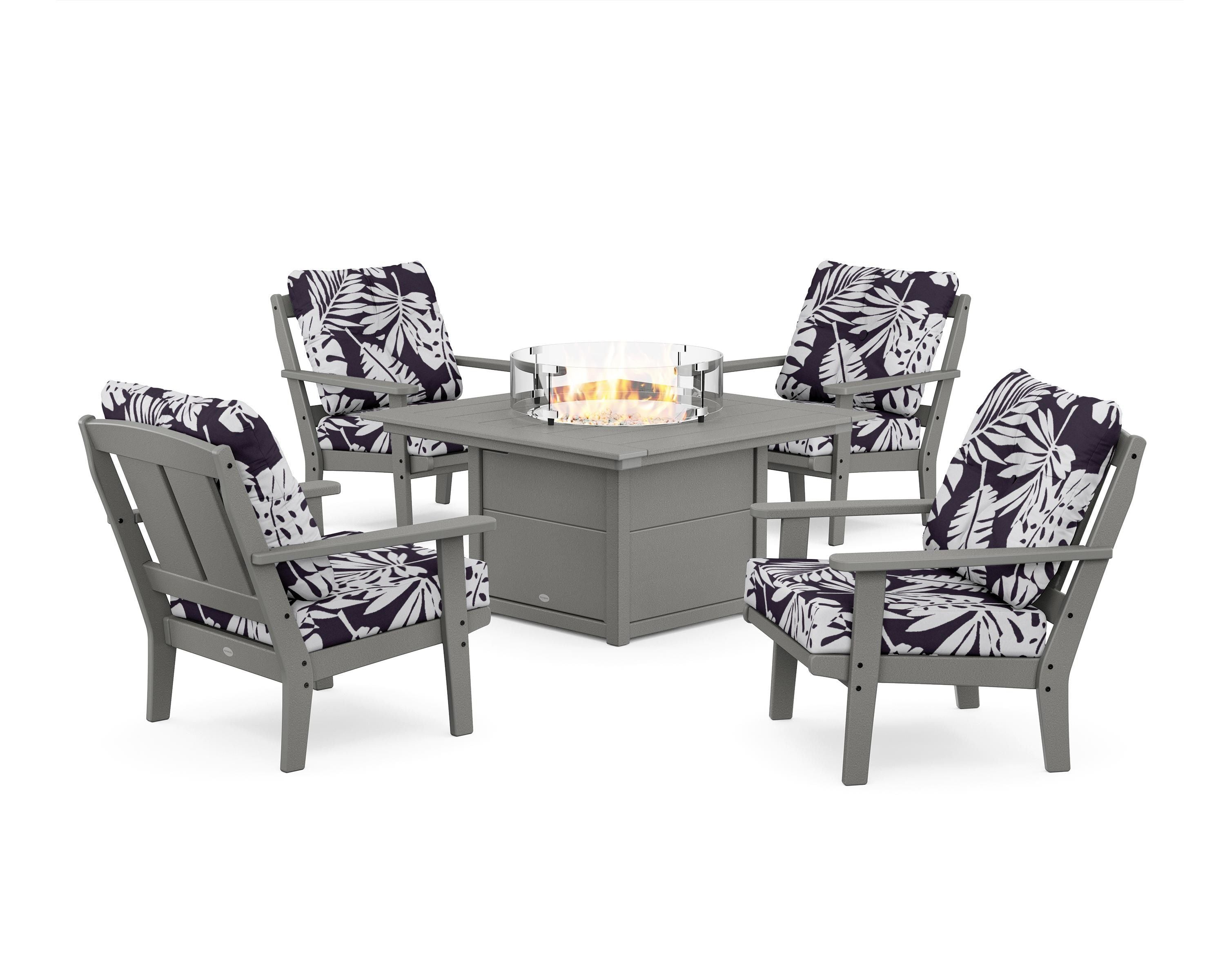 POLYWOOD® Mission 5-Piece Deep Seating Set with Fire Pit Table in Slate Grey / Leaf Navy
