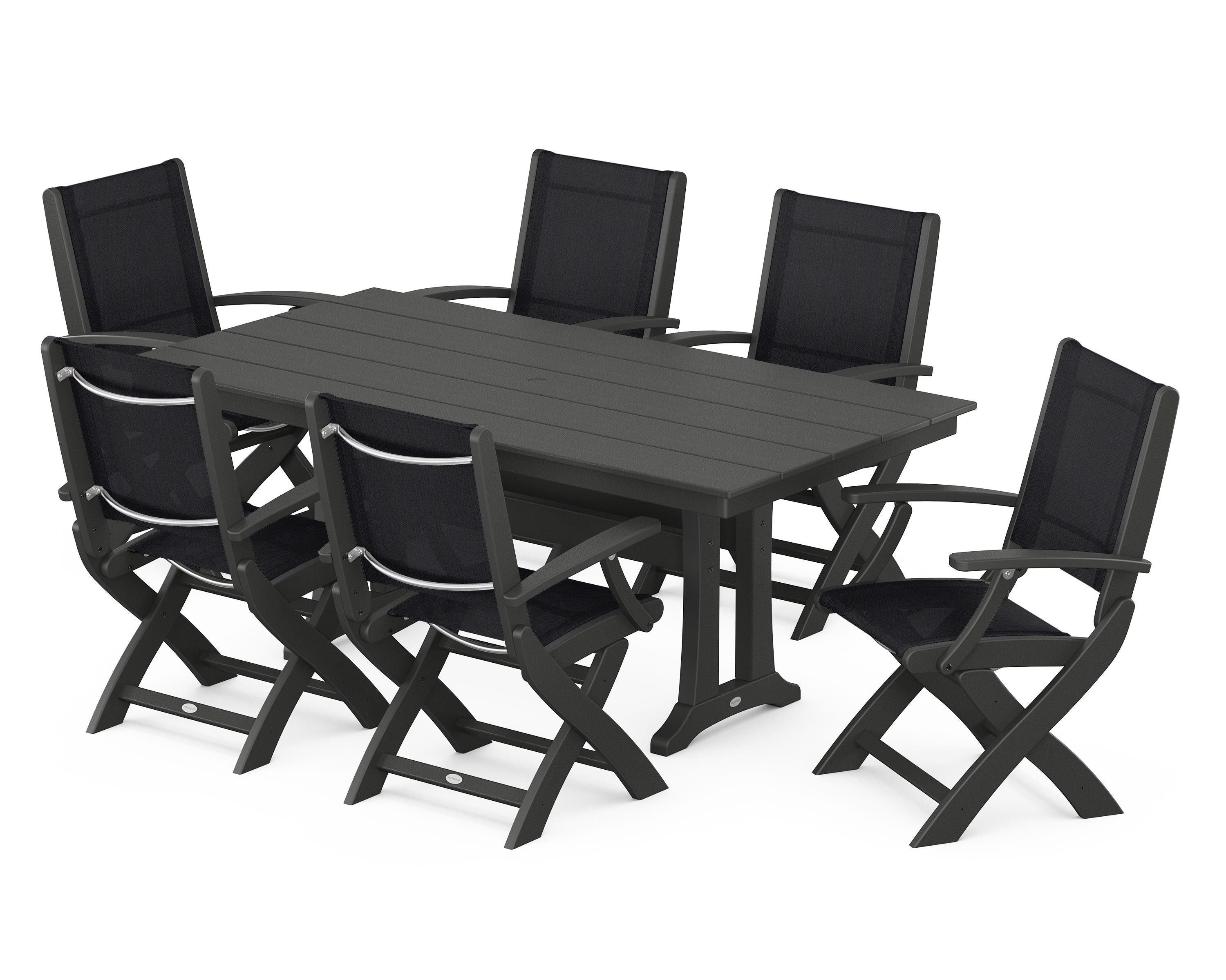 POLYWOOD® Coastal Folding Arm Chair 7-Piece Farmhouse Dining Set with Trestle Legs in Black / Black Sling