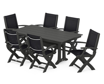 POLYWOOD® Coastal Folding Arm Chair 7-Piece Farmhouse Dining Set with Trestle Legs in Black / Black Sling
