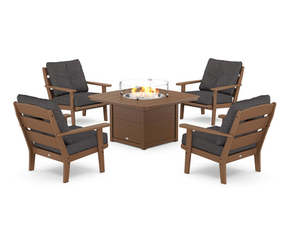 POLYWOOD® Lakeside 5-Piece Deep Seating Set with Nautical Fire Pit Table in Teak / Ash Charcoal