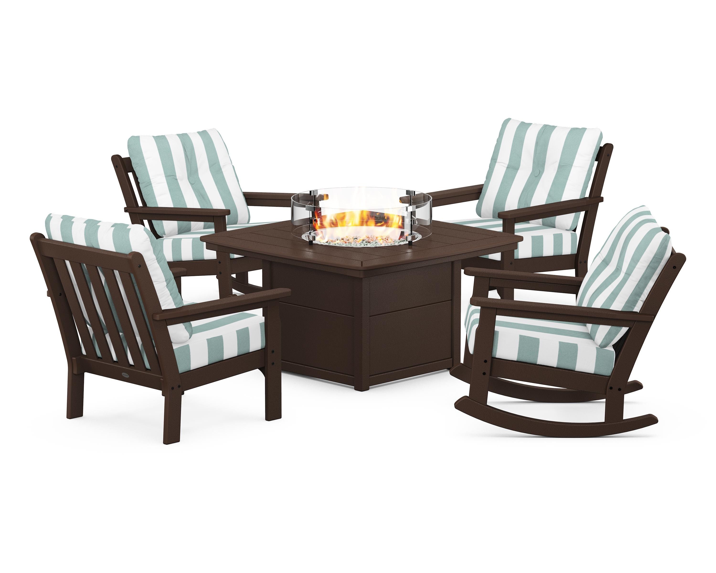 POLYWOOD® Vineyard 5-Piece Deep Seating Rocking Chair Conversation Set with Fire Pit Table in Mahogany / Cabana Stripe Glacier Spa