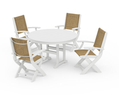 POLYWOOD® Coastal Folding Chair 5-Piece Round Dining Set in White / Burlap Sling