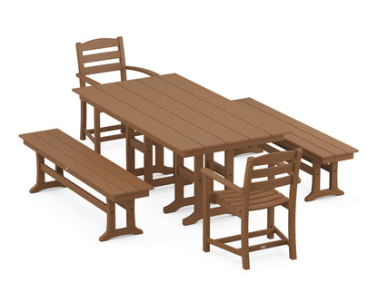POLYWOOD® La Casa Café 5-Piece Farmhouse Dining Set with Benches in Teak
