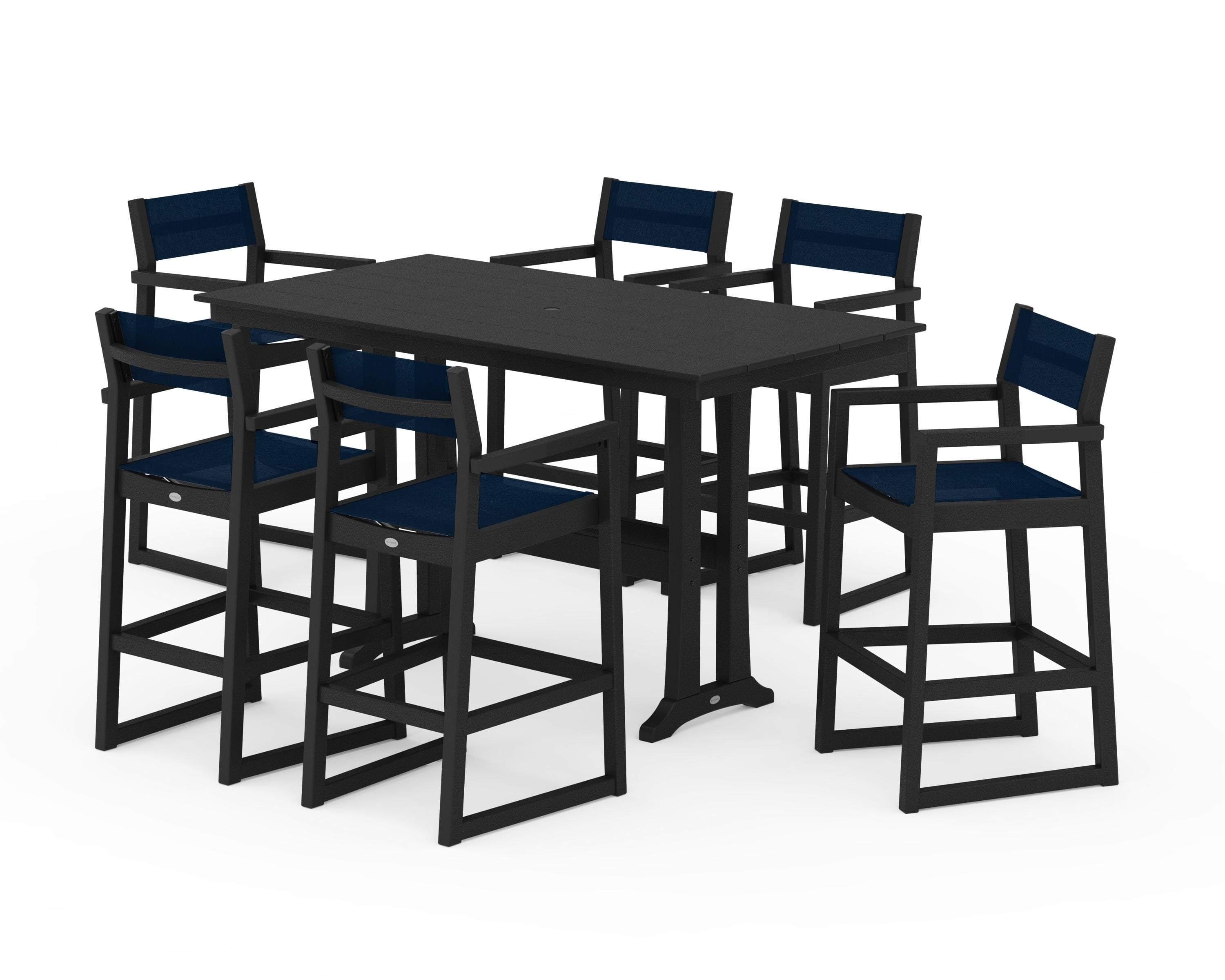 POLYWOOD® EDGE Sling Arm Chair 7-Piece Farmhouse Bar Set with Trestle Legs in Black / Navy Blue Sling