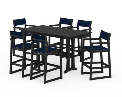 POLYWOOD® EDGE Sling Arm Chair 7-Piece Farmhouse Bar Set with Trestle Legs in Black / Navy Blue Sling