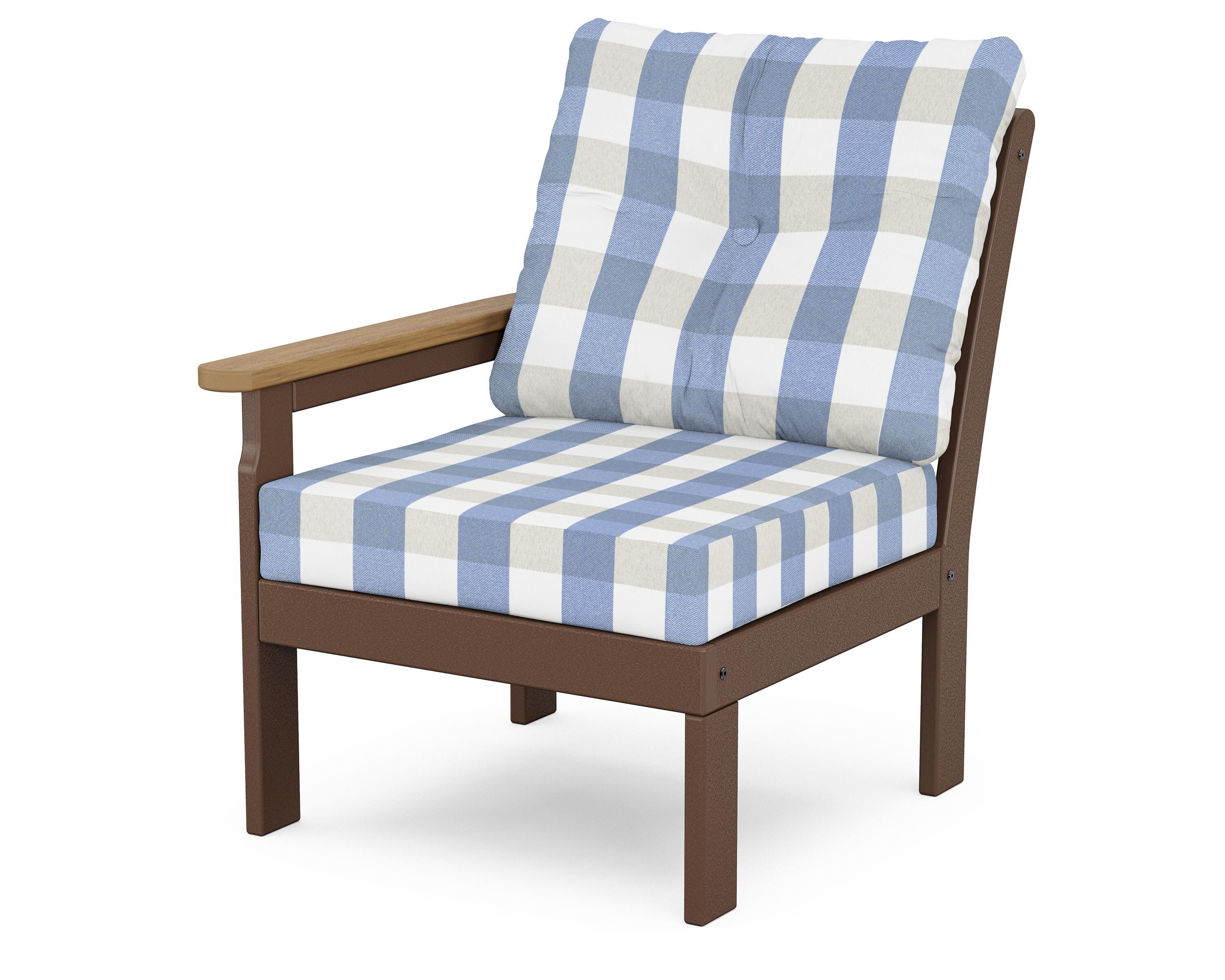 POLYWOOD® Vineyard Modular Left Arm Chair in Mahogany / Natural / Buffalo Plaid Sky Blue