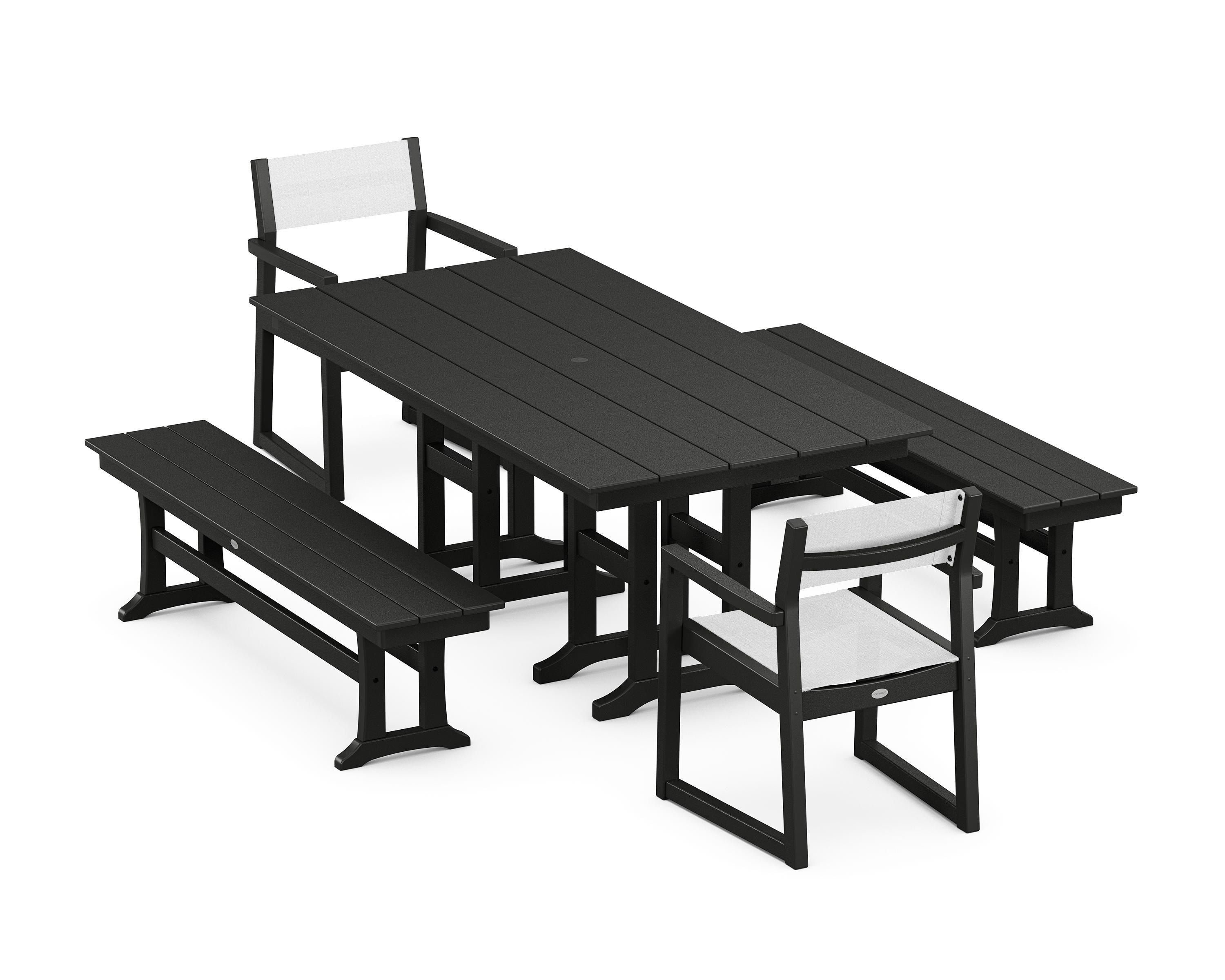 POLYWOOD® EDGE Sling Arm Chair 5-Piece Farmhouse Dining Set with Benches in Black / White Sling