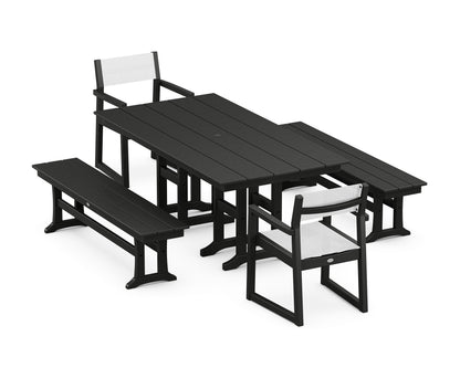 POLYWOOD® EDGE Sling Arm Chair 5-Piece Farmhouse Dining Set with Benches in Black / White Sling