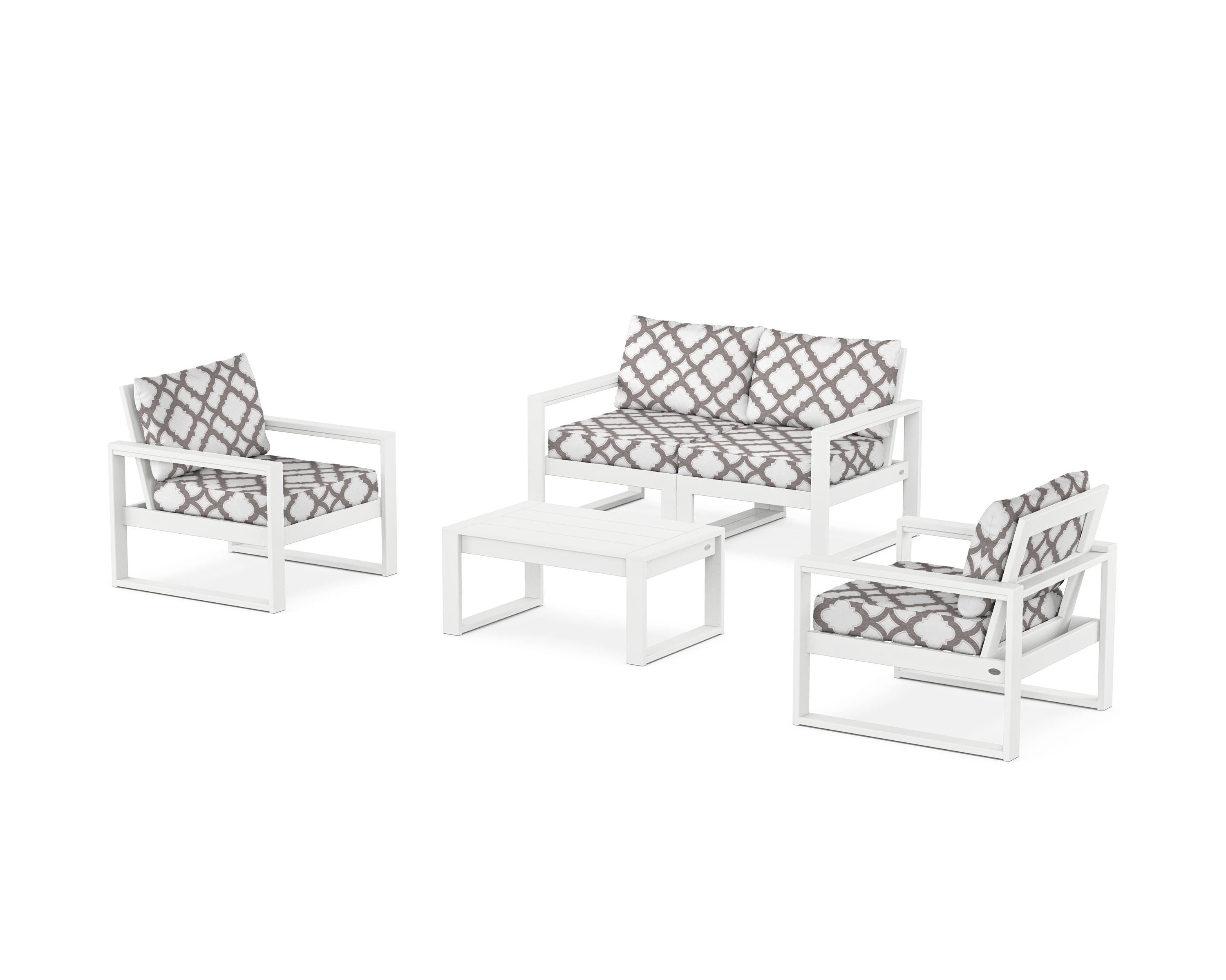 POLYWOOD® EDGE Sectional 4-Piece Deep Seating Set with Loveseat in White / Trellis Grey Mist