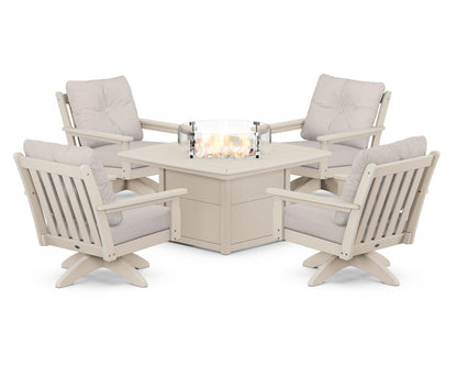 POLYWOOD® Vineyard 5-Piece Deep Seating Swivel Conversation Set with Fire Pit Table in Sand / Dune Burlap