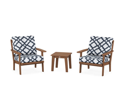 POLYWOOD® Oxford 3-Piece Deep Seating Set in Teak / Trellis Marine Indigo