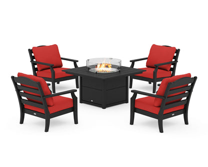 Draper James™ by  POLYWOOD® Savannah 5-Piece Deep Seating Set with Fire Pit Table in Black / Crimson Linen