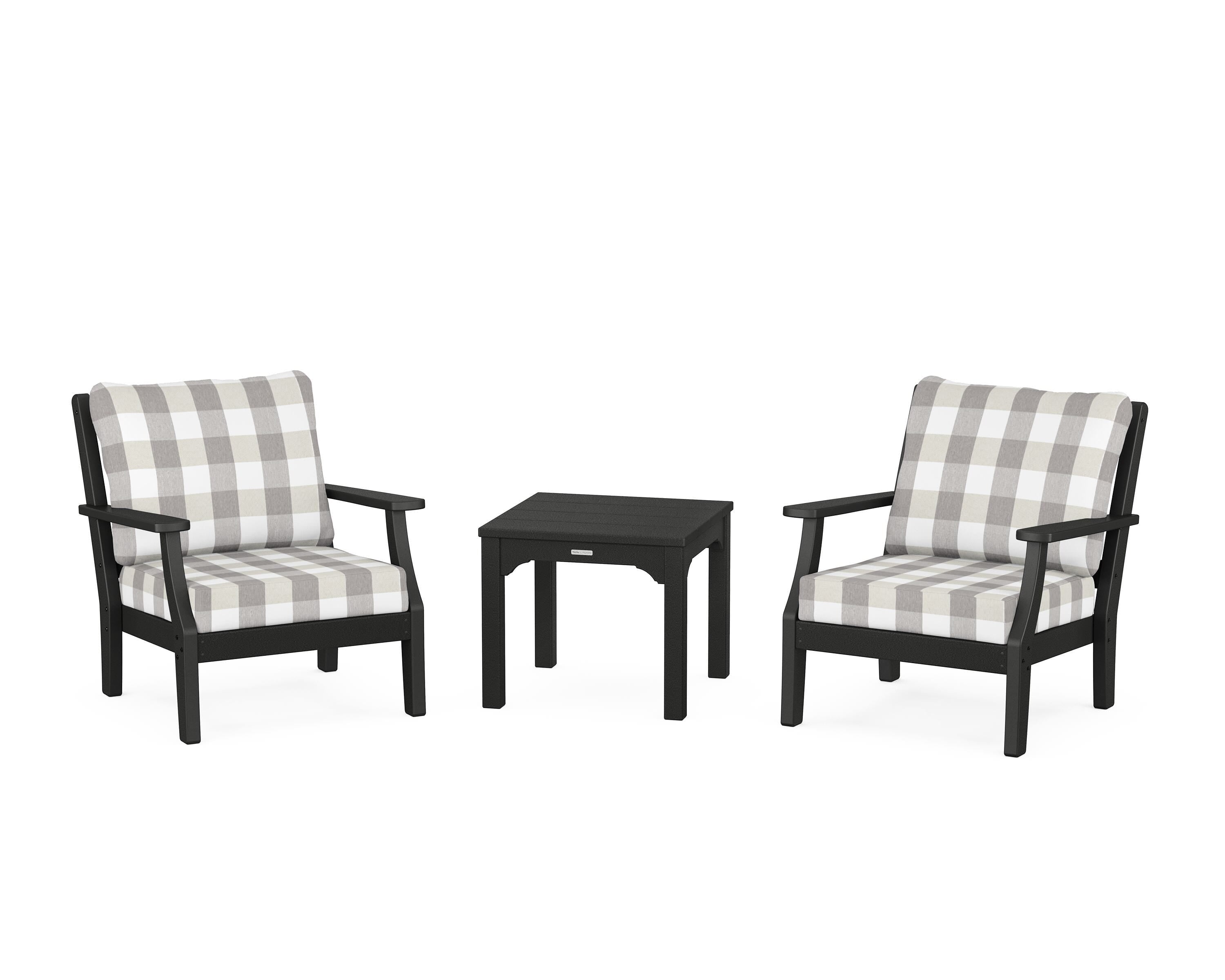 Martha Stewart by POLYWOOD® Chinoiserie 3-Piece Deep Seating Set in Black / Buffalo Plaid Grey Mist