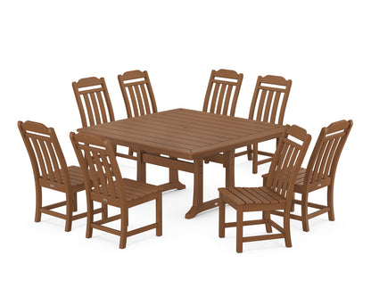 Country Living Cottage 9-Piece Square Side Chair Dining Set with Trestle Legs in Teak