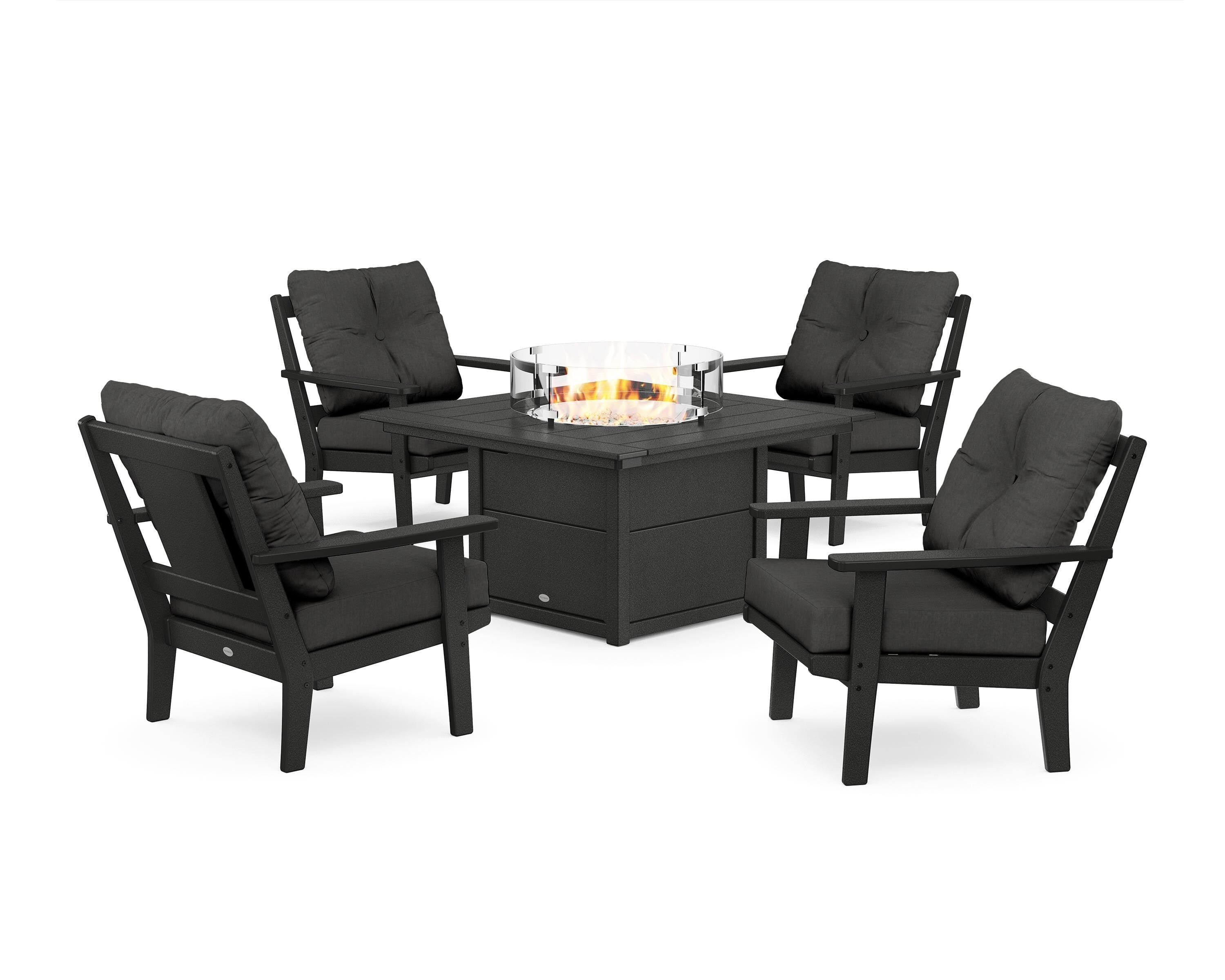 POLYWOOD® Prairie 5-Piece Deep Seating Set with Fire Pit Table in Black / Spectrum Carbon