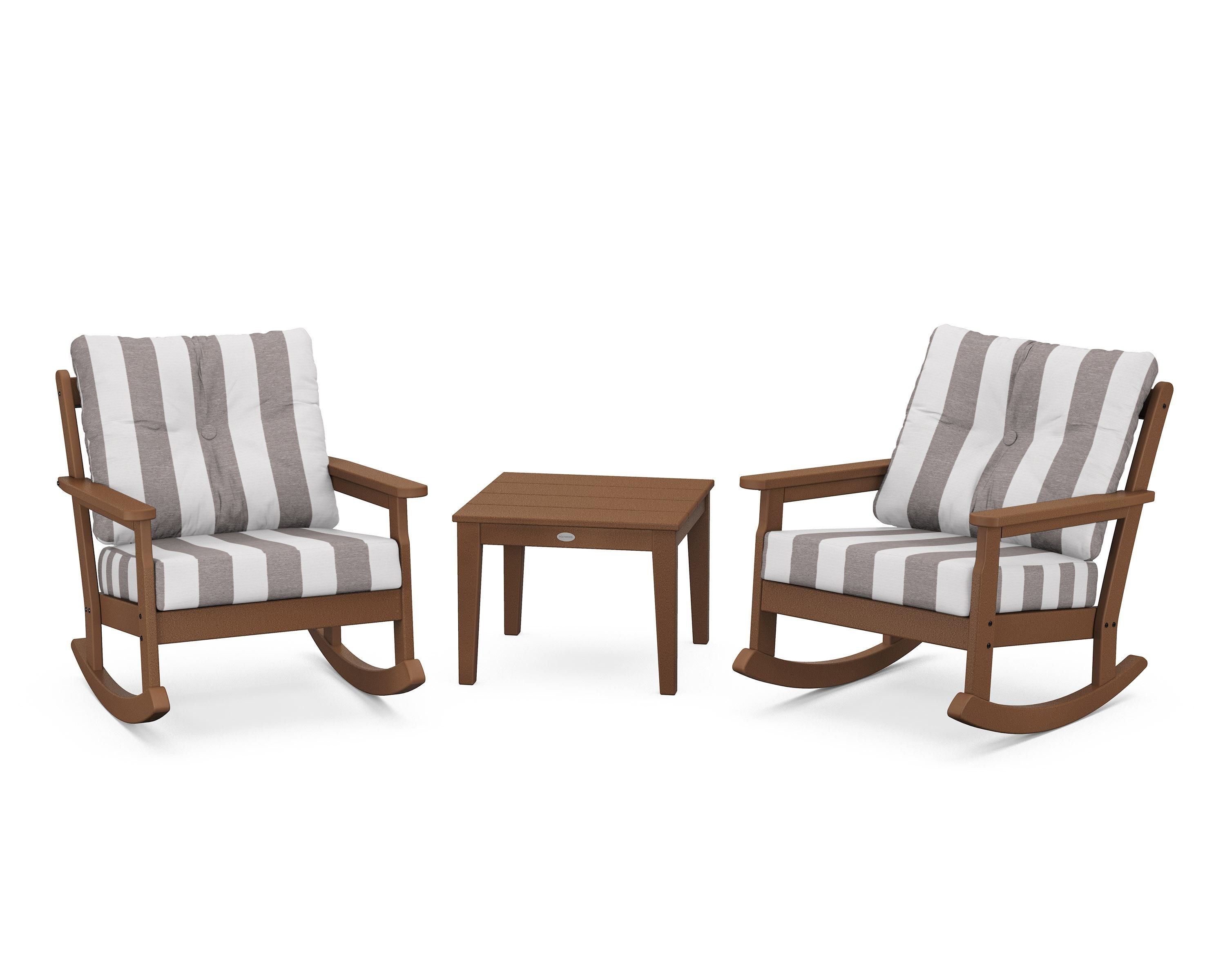 POLYWOOD® Vineyard 3-Piece Deep Seating Rocker Set in Teak / Cabana Stripe Grey Mist