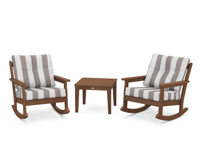 POLYWOOD® Vineyard 3-Piece Deep Seating Rocker Set in Teak / Cabana Stripe Grey Mist