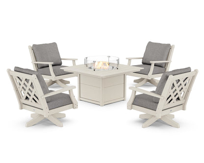 Country Living Wovendale 5-Piece Deep Seating Swivel Conversation Set with Fire Pit Table in Sand / Grey Mist