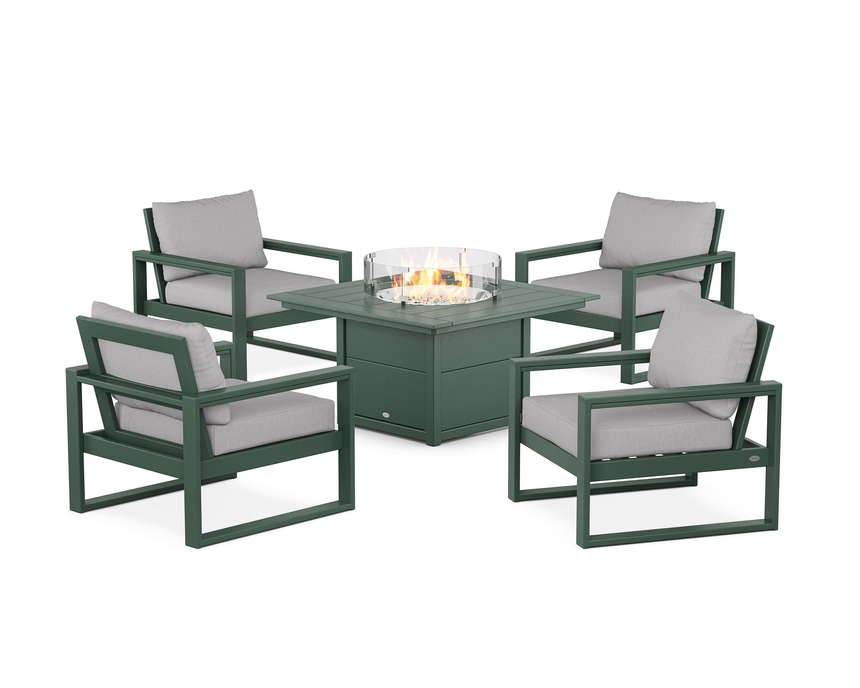 POLYWOOD® EDGE Sectional 5-Piece Deep Seating Set with Fire Pit Table in Green / Granite