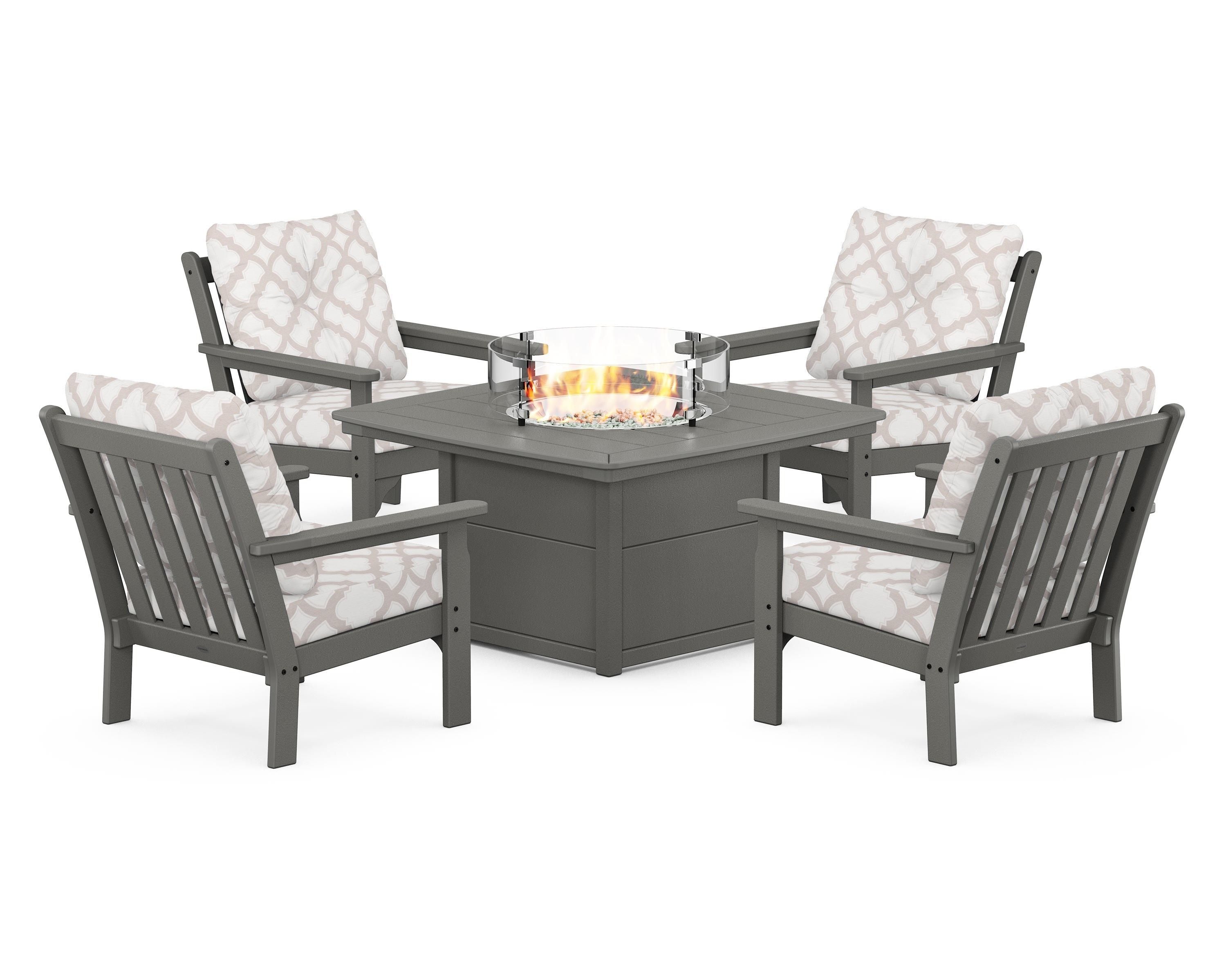 POLYWOOD® Vineyard 5-Piece Conversation Set with Fire Pit Table in Slate Grey / Trellis Dune Burlap