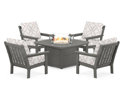 POLYWOOD® Vineyard 5-Piece Conversation Set with Fire Pit Table in Slate Grey / Trellis Dune Burlap