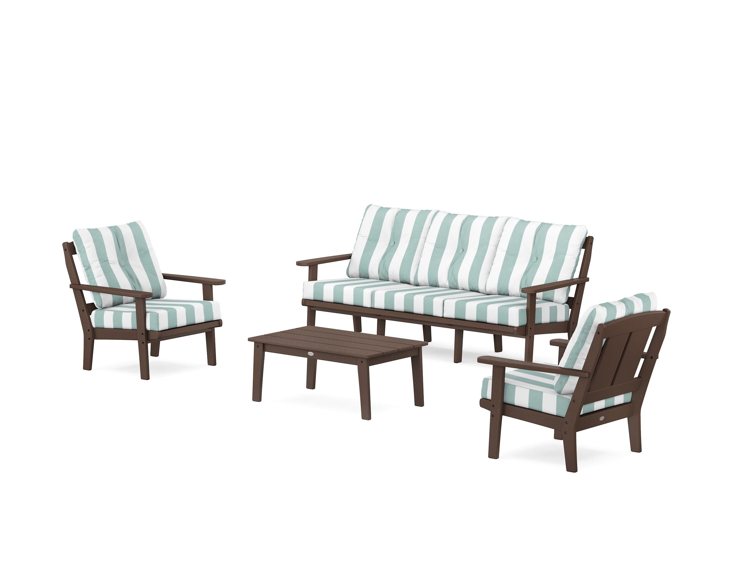 POLYWOOD® Mission 4-Piece Deep Seating Set with Sofa in Mahogany / Cabana Stripe Glacier Spa