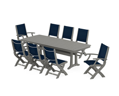 POLYWOOD® Coastal Folding 9-Piece Dining Set with Trestle Legs in Slate Grey / Navy Blue Sling