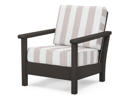 POLYWOOD® Harbour Deep Seating Chair in Vintage Coffee / Cabana Stripe Dune Burlap