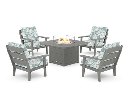 POLYWOOD® Lakeside 5-Piece Deep Seating Set with Nautical Fire Pit Table in Slate Grey / Leaf Glacier Spa