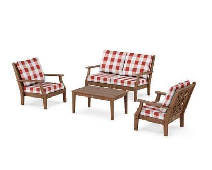 Country Living Wovendale 4-Piece Deep Seating Set with Loveseat in Teak / Buffalo Plaid Crimson