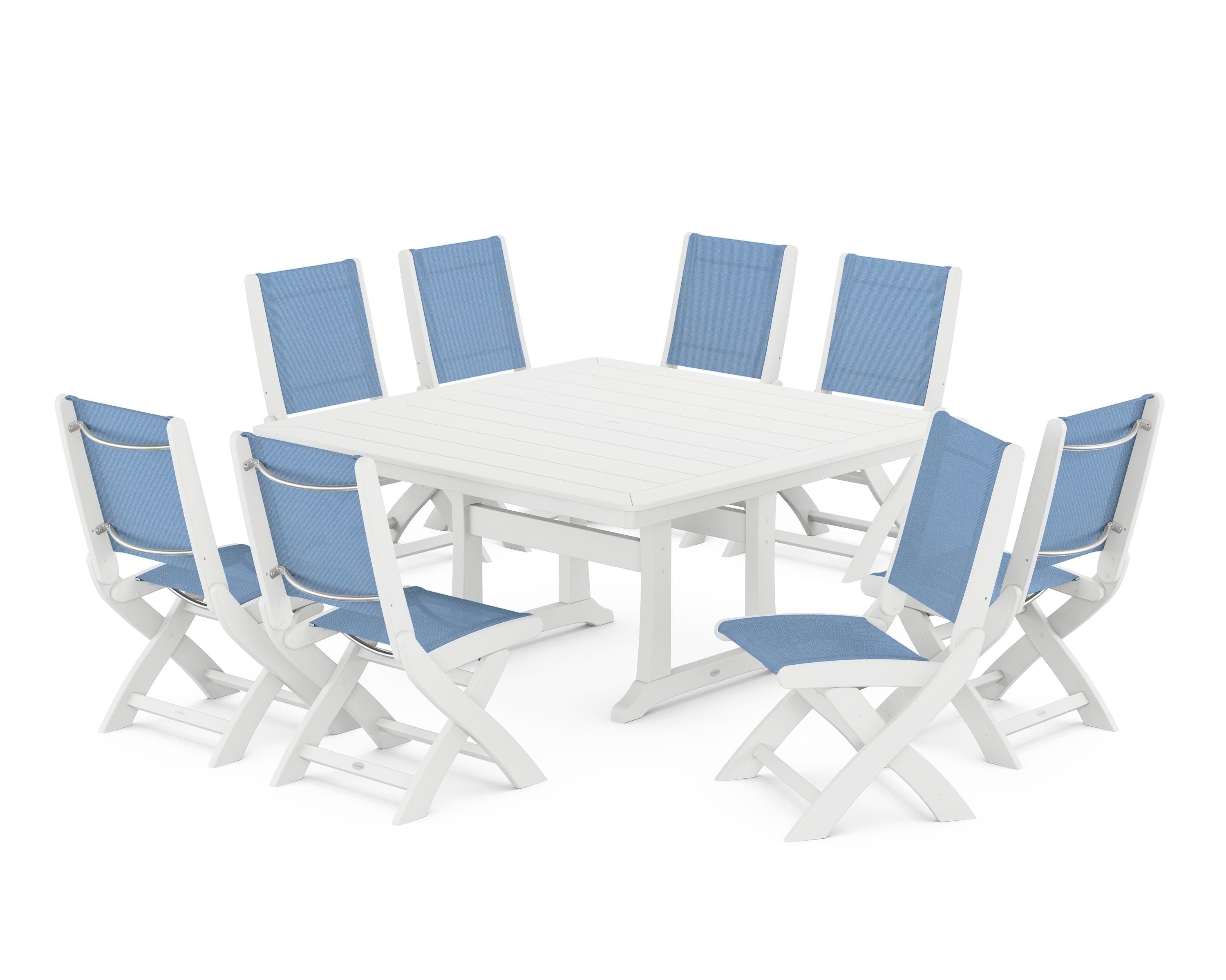 POLYWOOD® Coastal Folding Side Chair 9-Piece Dining Set with Trestle Legs in White / Poolside Sling