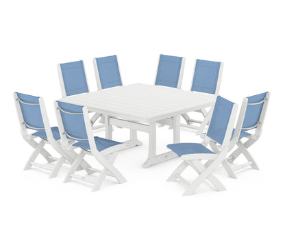 POLYWOOD® Coastal Folding Side Chair 9-Piece Dining Set with Trestle Legs in White / Poolside Sling