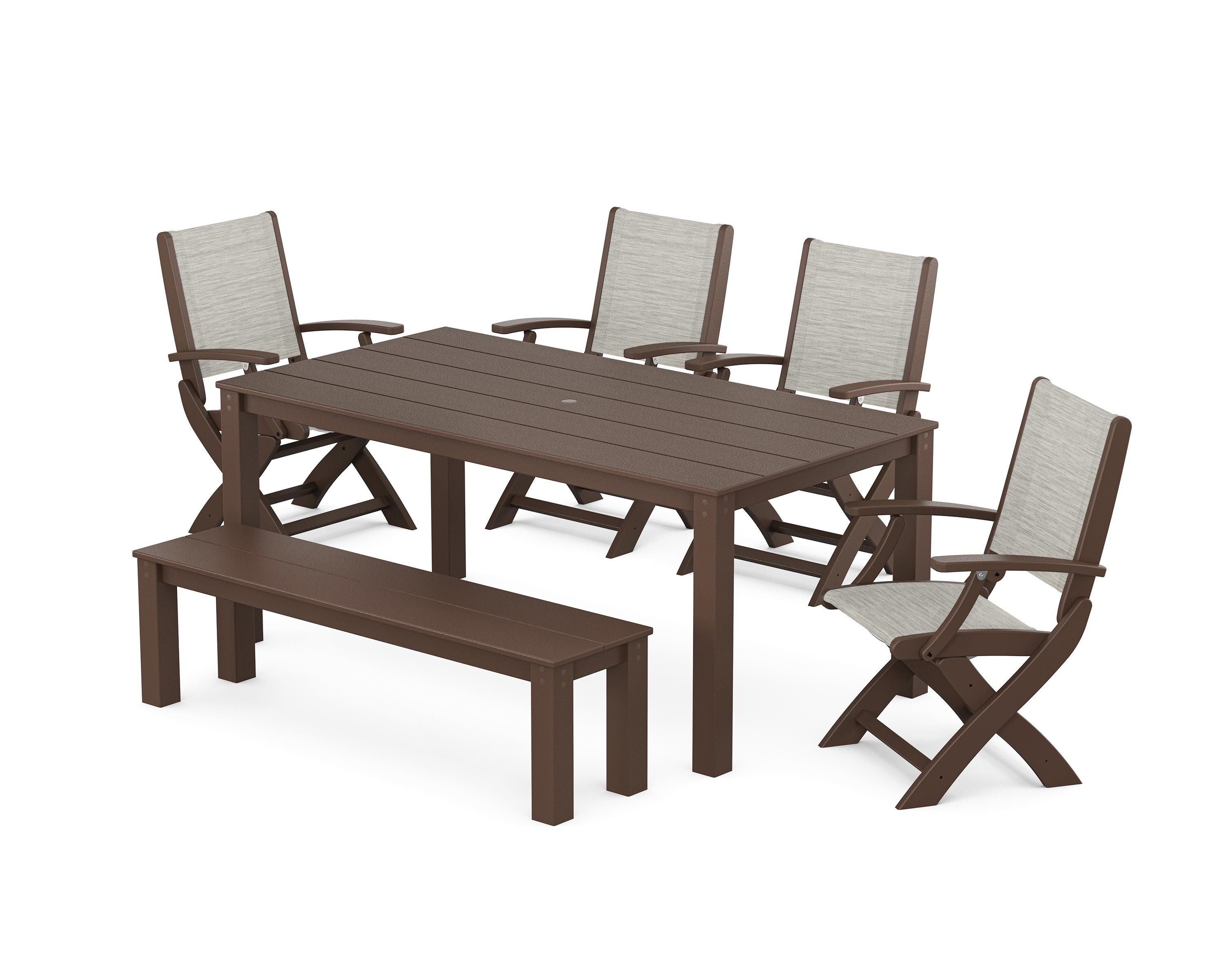 POLYWOOD® Coastal Folding Chair 6-Piece Parsons Dining Set with Bench in Mahogany / Birch Sling