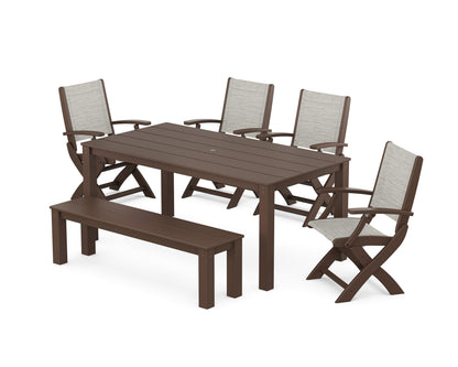 POLYWOOD® Coastal Folding Chair 6-Piece Parsons Dining Set with Bench in Mahogany / Birch Sling