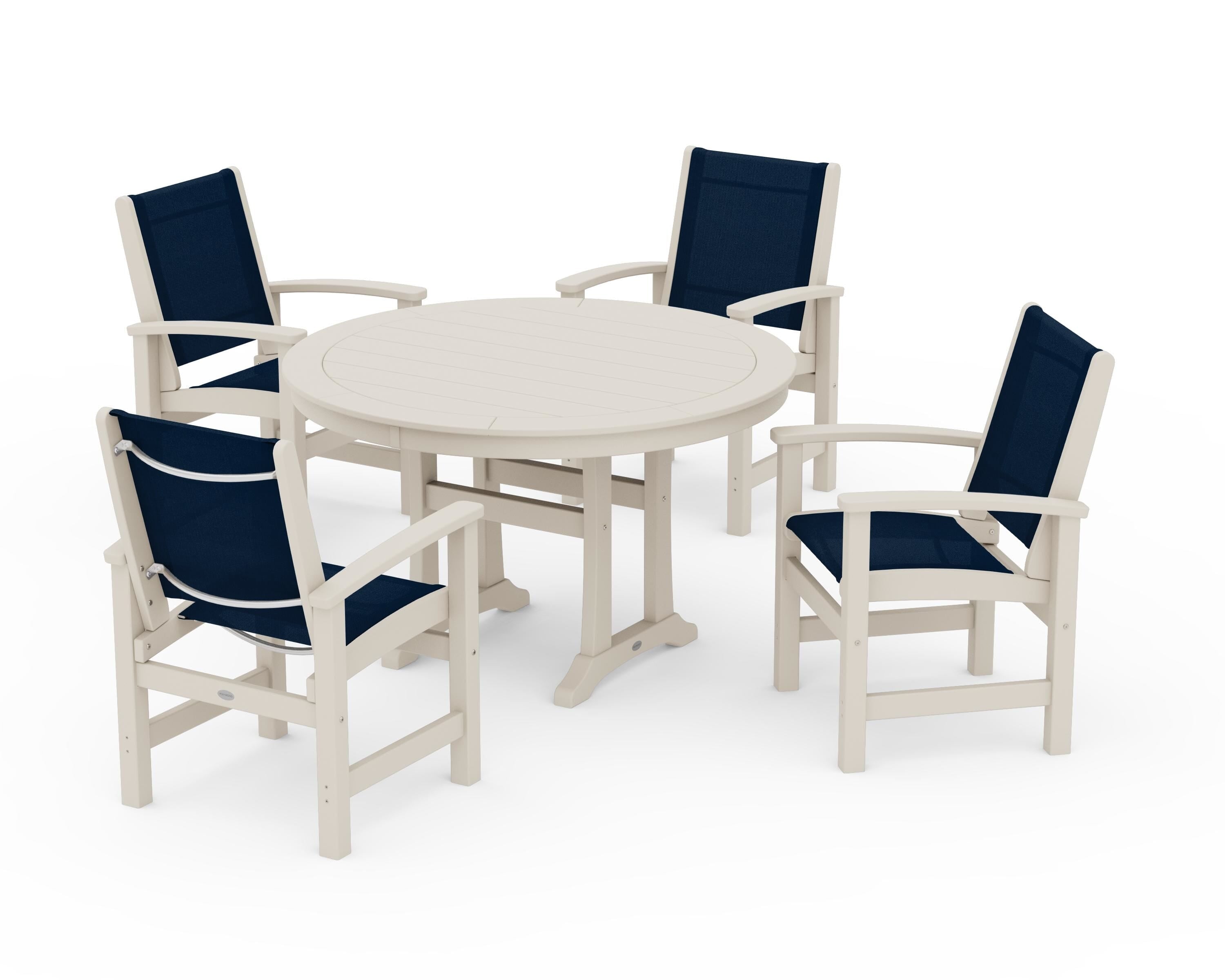 POLYWOOD® Coastal 5-Piece Round Dining Set with Trestle Legs in Sand / Navy Blue Sling