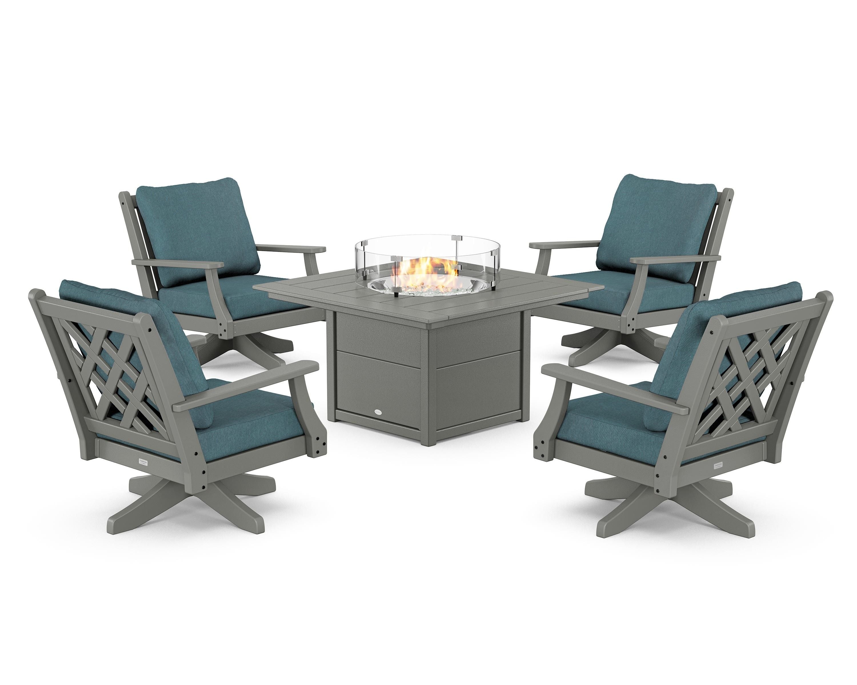 Country Living Wovendale 5-Piece Deep Seating Swivel Conversation Set with Fire Pit Table in Slate Grey / Ocean Teal