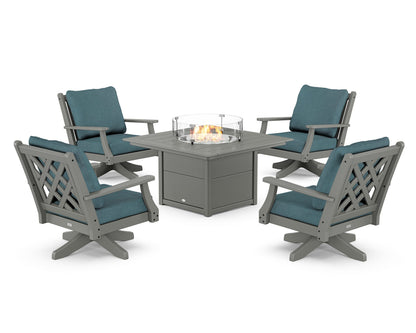 Country Living Wovendale 5-Piece Deep Seating Swivel Conversation Set with Fire Pit Table in Slate Grey / Ocean Teal