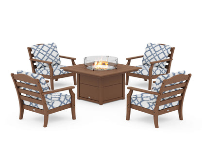 Draper James™ by  POLYWOOD® Savannah 5-Piece Deep Seating Set with Fire Pit Table in Teak / Trellis Sky Blue