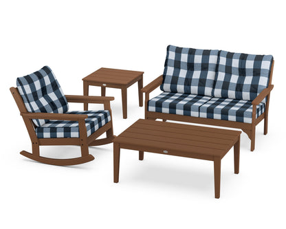 POLYWOOD® Vineyard 4-Piece Deep Seating Rocker Set in Teak / Buffalo Plaid Marine Indigo