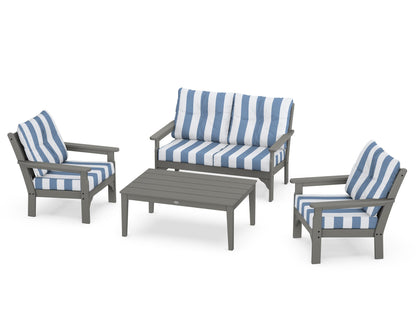 POLYWOOD® Vineyard 4-Piece Deep Seating Set in Slate Grey / Cabana Stripe Sky Blue