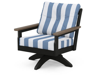 POLYWOOD® Vineyard Deep Seating Swivel Chair in Black / Kona / Cabana Stripe Sky Blue