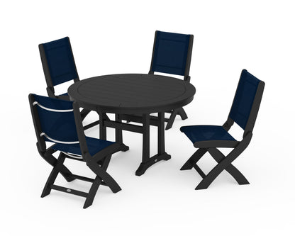 POLYWOOD® Coastal Folding Side Chair 5-Piece Round Dining Set With Trestle Legs in Black / Navy Blue Sling