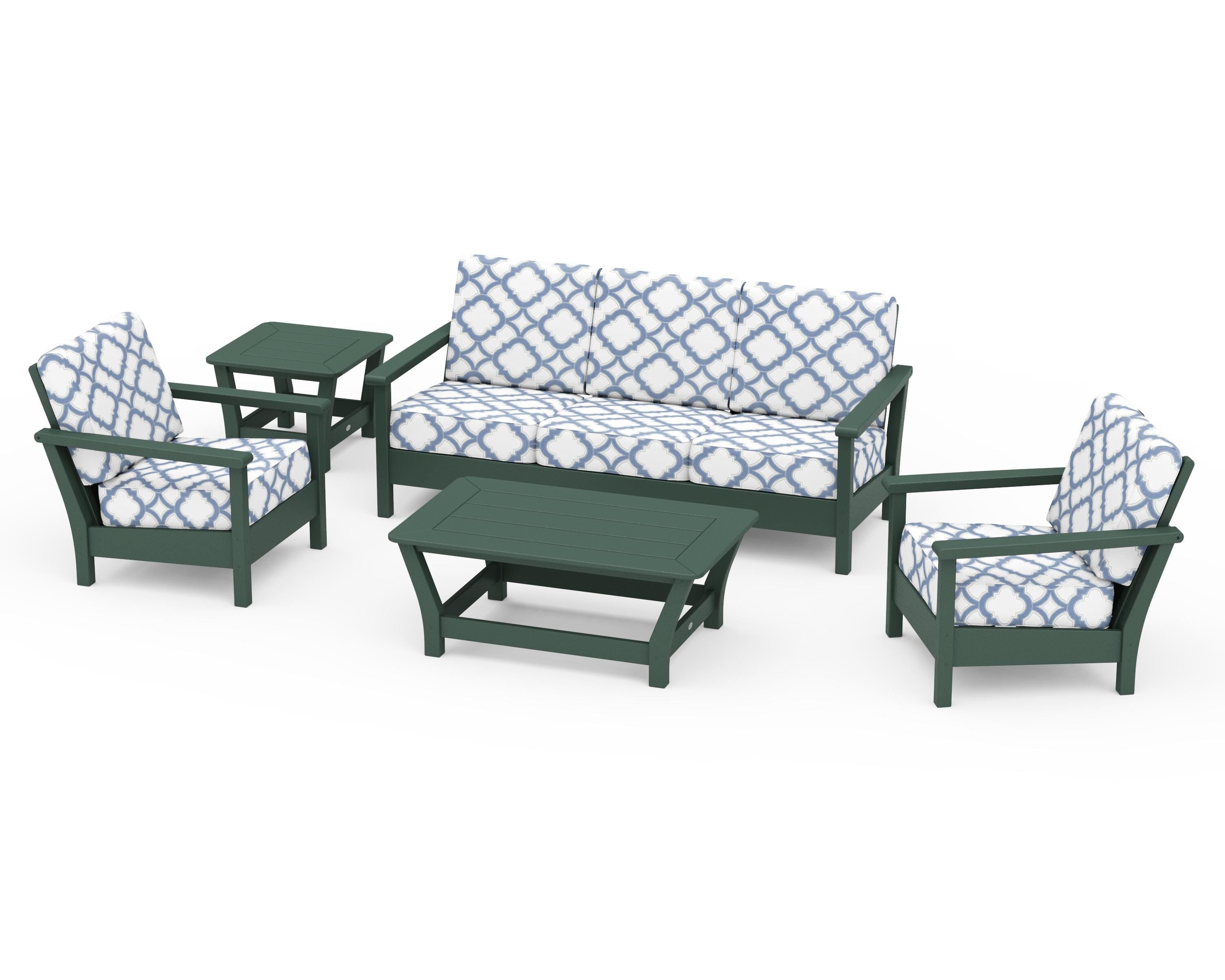 POLYWOOD® Harbour 5-Piece Deep Seating Set in Green / Trellis Sky Blue