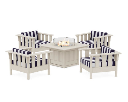 Martha Stewart by POLYWOOD® Acadia 5-Piece Deep Seating Set with Fire Pit Table in Sand / Cabana Stripe Navy