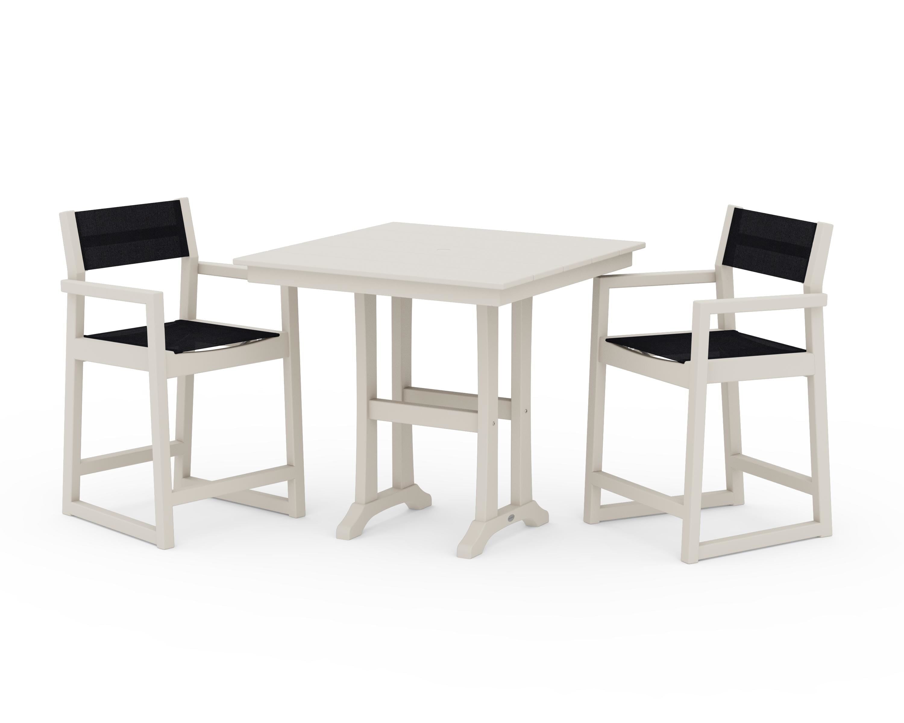 POLYWOOD® EDGE Sling Arm Chair 3-Piece Farmhouse Counter Set with Trestle Legs in Sand / Black Sling